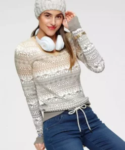 KangaROOS Jacquardpullover im Norweger-Muster mit kleinen Kängurus Offwhite-taupe-gemustert, Marine-hellblau