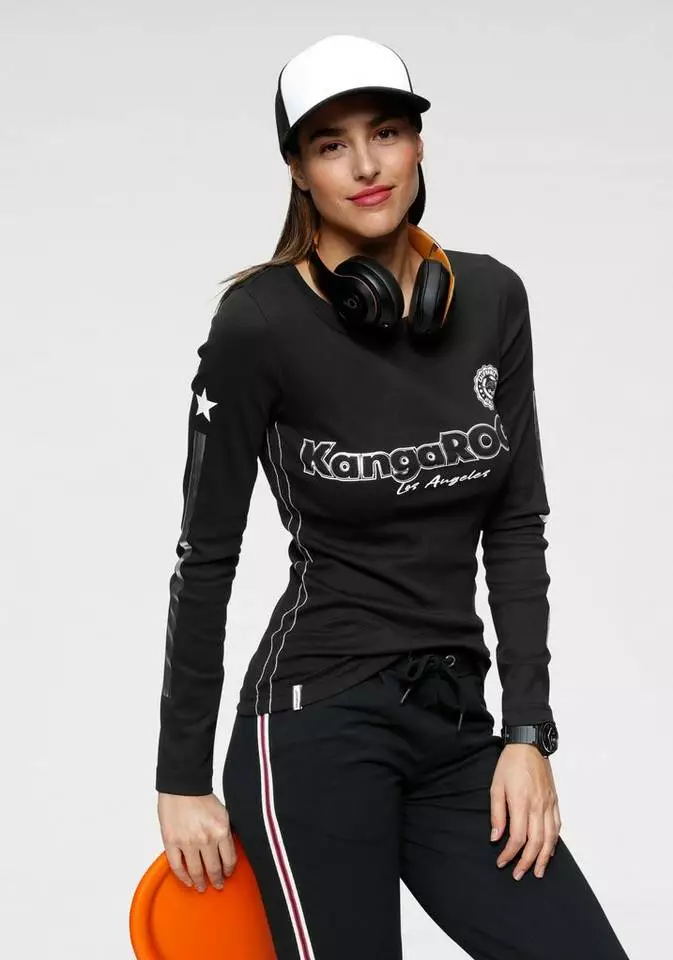 KangaROOS Langarmshirt mit Druck und Streifen am Ärmel Weiß-bedruckt-blau, Schwarz-bedruckt-silberfarben-weiß, Blau-bedruckt-weiß-silberfarben 1 KangaROOS Langarmshirt mit Druck und Streifen am Ärmel Weiß-bedruckt-blau, Schwarz-bedruckt-silberfarben-weiß, Blau-bedruckt-weiß-silberfarben