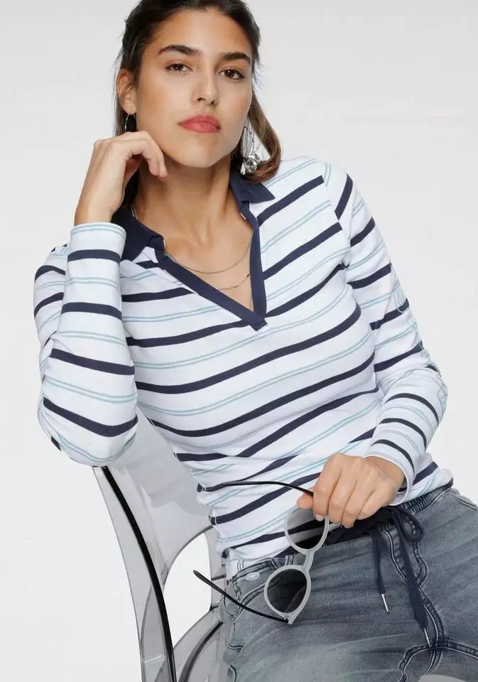 KangaROOS Langarm-Poloshirt mit KangaROOS Schriftzug am Ärmel Weiß-marine, Bordeaux-weiß 1 KangaROOS Langarm-Poloshirt mit KangaROOS Schriftzug am Ärmel Weiß-marine, Bordeaux-weiß