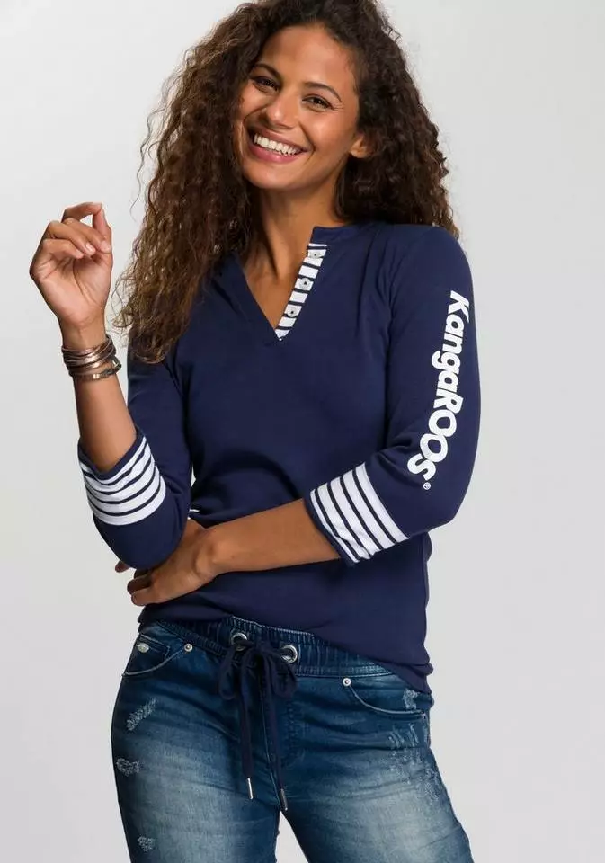 KangaROOS 3/4-Arm-Shirt mit großem Markenschriftzug am Arm Weiß-blau, Schwarz-weiß, Marine-weiß 1 KangaROOS 3/4-Arm-Shirt mit großem Markenschriftzug am Arm Weiß-blau, Schwarz-weiß, Marine-weiß