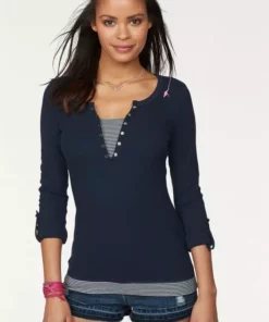 KangaROOS 2-in-1-Shirt mit geöffneter Zierknopfleiste und Turn-up Ärmeln Schwarz-wei&szlig;, Himbeere-marine-wei&szlig;, T&uuml;rkis-schwarz-wei&szlig;, Marine-wei&szlig; -KangaROOS Verkaufsladen 23311024