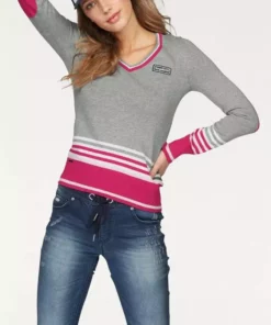 KangaROOS V-Ausschnitt-Pullover im tollen Streifen-Farb-Mix Marine-rot, Grau-meliert-pink, Hummer-mint-wollweiß-blau-gestreift, Grün-hellgrau-wollweiß-gestreift -KangaROOS Verkaufsladen 25343835