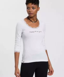 KangaROOS T-Shirt mit Spitzenband am V-Ausschnitt & 3/4-Arm - NEUE KOLLEKTION Schwarz, Weiß