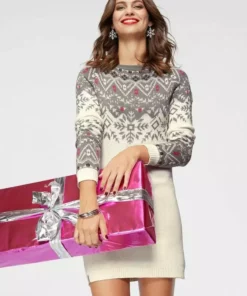 KangaROOS Strickkleid im schönen NorwegerMuster Offwhite-grau, Marine-mittelblau