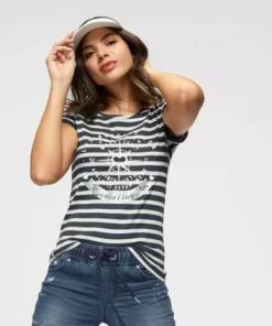 KangaROOS T-Shirt mit großem Metallic-Print vorne Marine-weiß-gestreift, Grau-weiß-gestreift, Bordeaux-weiß-gestreift -KangaROOS Verkaufsladen 30738789