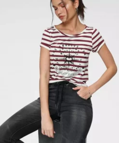 KangaROOS T-Shirt mit großem Metallic-Print vorne Marine-weiß-gestreift, Grau-weiß-gestreift, Bordeaux-weiß-gestreift