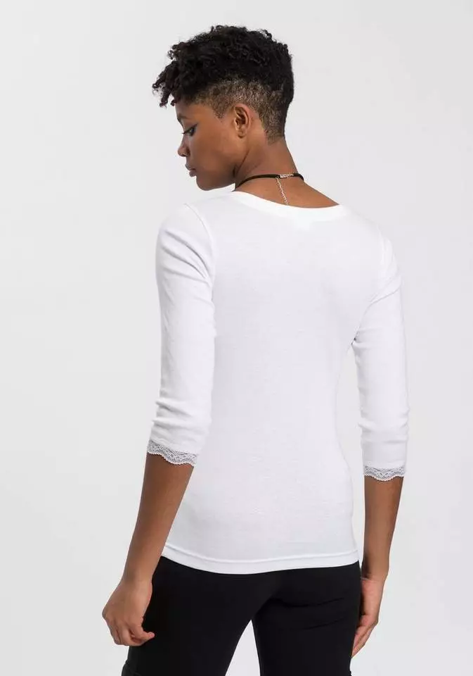 KangaROOS T-Shirt mit Spitzenband am V-Ausschnitt & 3/4-Arm - NEUE KOLLEKTION Schwarz, Weiß 2 KangaROOS T-Shirt mit Spitzenband am V-Ausschnitt & 3/4-Arm - NEUE KOLLEKTION Schwarz, Weiß – Bild 2