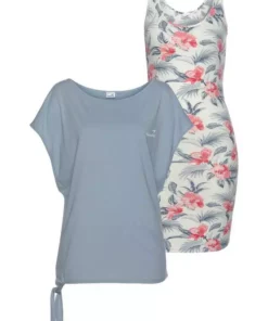 KangaROOS Shirtkleid (2-tlg) mit Rundhalshirt Dusty-blue, Apricot | marine-türkis-geblümt, Anthrazit-meliert