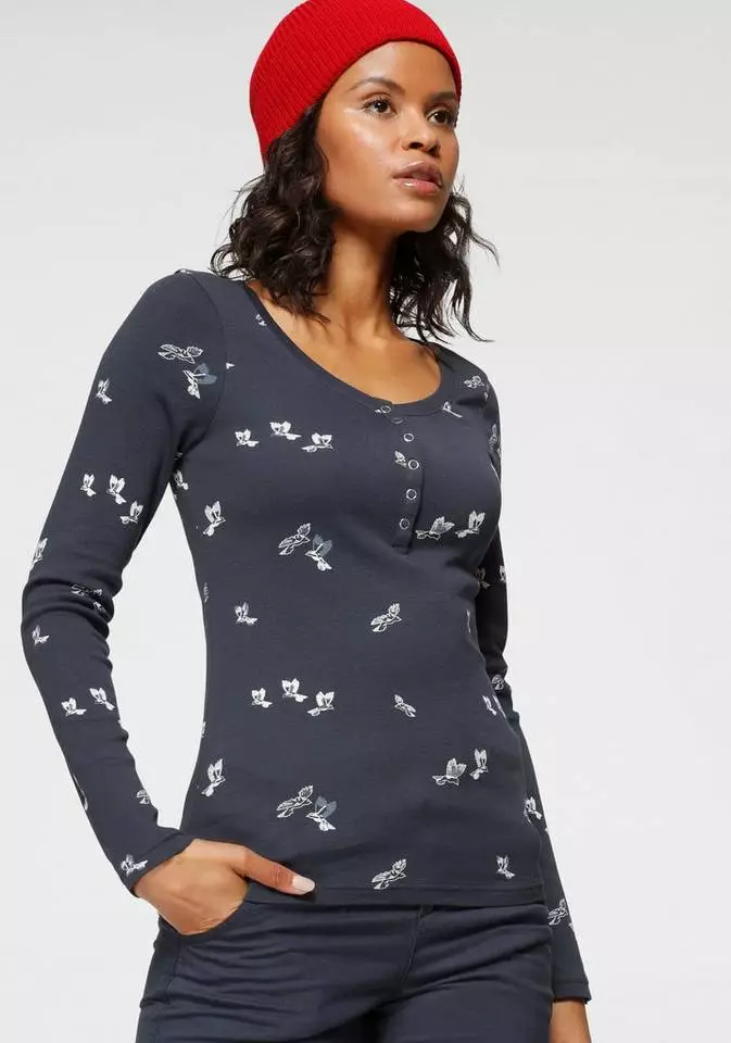 KangaROOS Langarmshirt mit modischem Vögel-Allover-Druck und Knopfleiste Weiß, Marine 7 KangaROOS Langarmshirt mit modischem Vögel-Allover-Druck und Knopfleiste Weiß, Marine – Bild 7