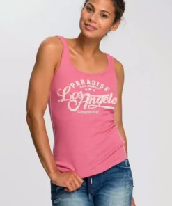 KangaROOS Ripptanktop mit blumigem Puff-Print Himbeere, Hellgrau-meliert