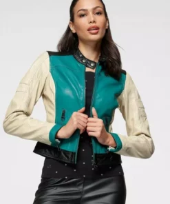 KangaROOS Lederjacke mit farbigen Streifendetails Schwarz-rot, Grün-offwhite