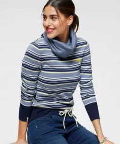 KangaROOS Streifenpullover mit großem doppellagigem Rollkragen Blau-weiß-gestreift, Hellgrau-rosa-gestreift