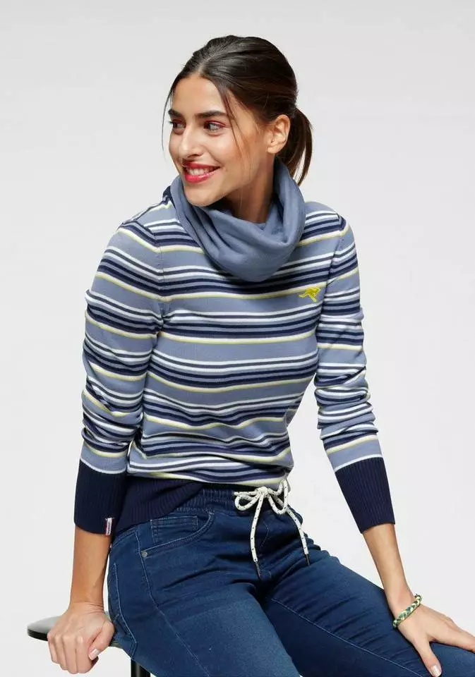 KangaROOS Streifenpullover mit großem doppellagigem Rollkragen Blau-weiß-gestreift, Hellgrau-rosa-gestreift 1 KangaROOS Streifenpullover mit großem doppellagigem Rollkragen Blau-weiß-gestreift, Hellgrau-rosa-gestreift