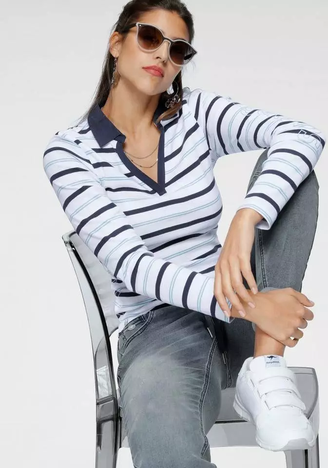 KangaROOS Langarm-Poloshirt mit KangaROOS Schriftzug am Ärmel Weiß-marine, Bordeaux-weiß 7 KangaROOS Langarm-Poloshirt mit KangaROOS Schriftzug am Ärmel Weiß-marine, Bordeaux-weiß – Bild 7