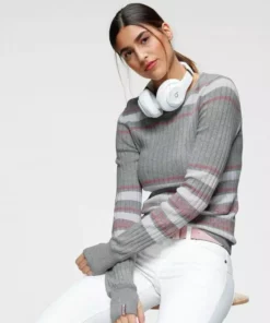 KangaROOS Rundhalspullover im stilvollem Streifen-Design Hellgrau-weiß-rosa, Rot-marine-weiß