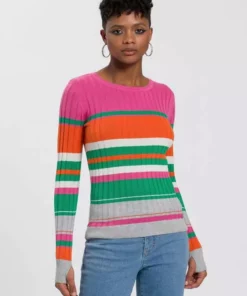 KangaROOS Rundhalspullover im sportivem Streifen-Design Bunt-lila, Weiß-marine-rot-gestreift, Wollweiß-rosa, Pink-orange-grün
