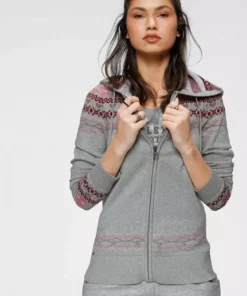 KangaROOS Jacquardstrickjacke im Norweger-Design Grau-meliert-rosa, Marine-weiß