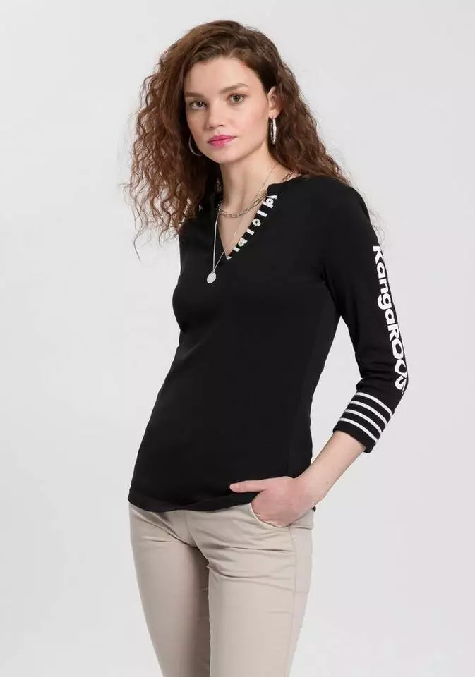 KangaROOS 3/4-Arm-Shirt mit großem Markenschriftzug am Arm Weiß-blau, Schwarz-weiß, Marine-weiß 8 KangaROOS 3/4-Arm-Shirt mit großem Markenschriftzug am Arm Weiß-blau, Schwarz-weiß, Marine-weiß – Bild 8