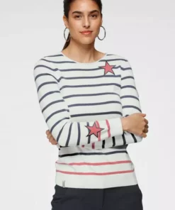 KangaROOS Streifenpullover mit kontrastfarbigen, aufgenähten Sternen Schwarz-grau-wollweiß-gestreift, Blau-weiß-rosa-gestreift, Wollweiß-blau-hellpink-gestreift